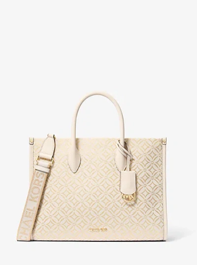 Michael Kors Mirella Medium Metallic Logo Jacquard Tote Bag In Natural