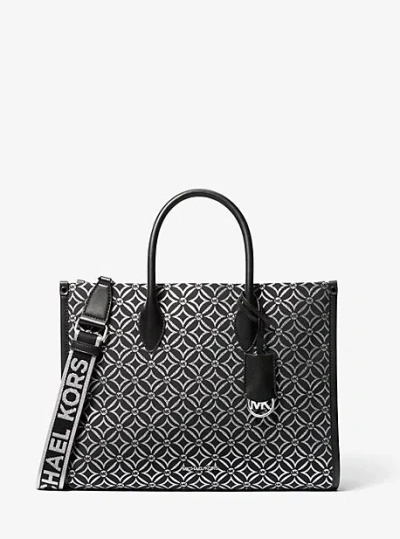 Michael Kors Mirella Medium Metallic Logo Jacquard Tote Bag In Silver