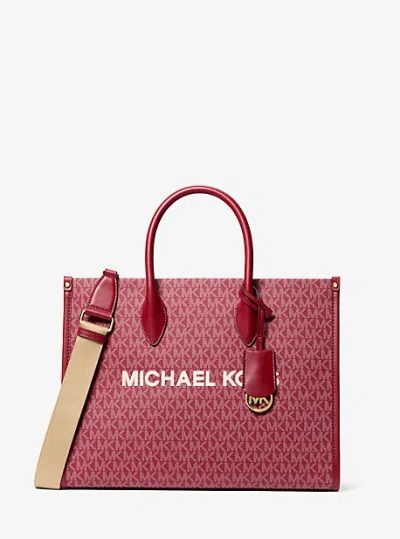 Michael Kors Mirella Medium Metallic Signature Logo Tote Bag In Red