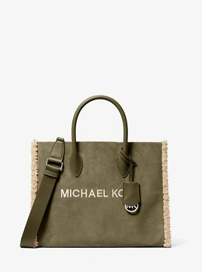 Michael Kors Mirella Medium Suede And Faux Shearling Tote Bag In Green