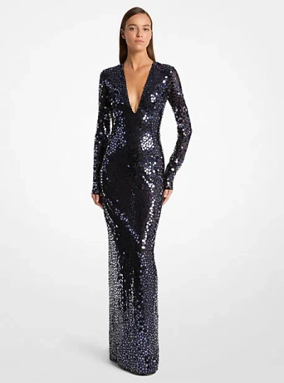 Michael Kors Mirror Embroidered Stretch Tulle V-neck Gown In Blue