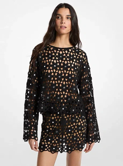 Michael Kors Mirror-embellished Floral Crochet Top In Black