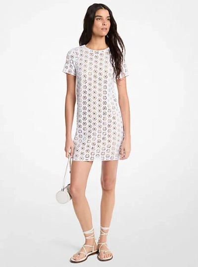 Michael Kors Mirror-embellished Floral Laser-cut Scuba Dress In White