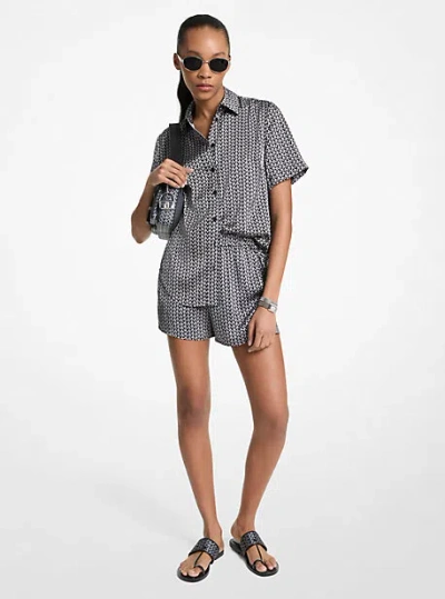 Michael Kors Mk2000 Logo Print Satin Camp Shirt In Gray