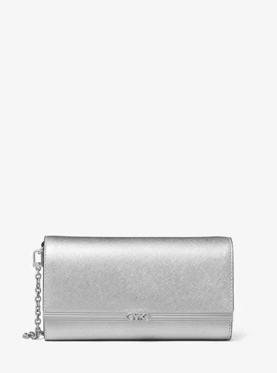 Michael Kors Mona Large Metallic Saffiano Leather Clutch In Silver