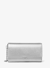 Michael Kors Mona Large Metallic Saffiano Leather Clutch In Silver