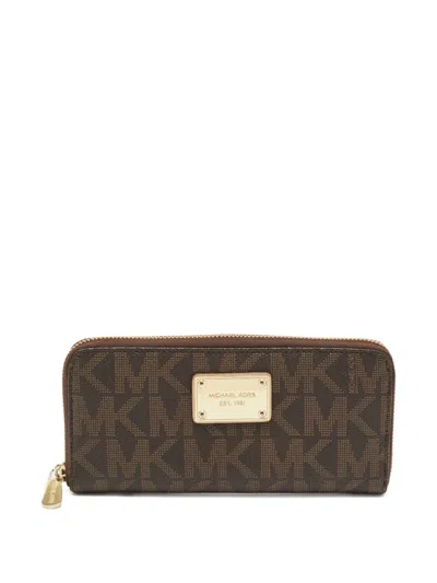 Pre-owned Michael Kors Monogram Zip-around Wallet In Brown