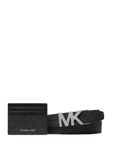 Michael Kors Monogram-pattern Logo-plaque Belt And Wallet Set In Black