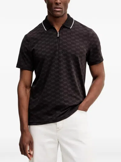 Michael Kors Monogram-pattern Zipped Polo Shirt In Brown