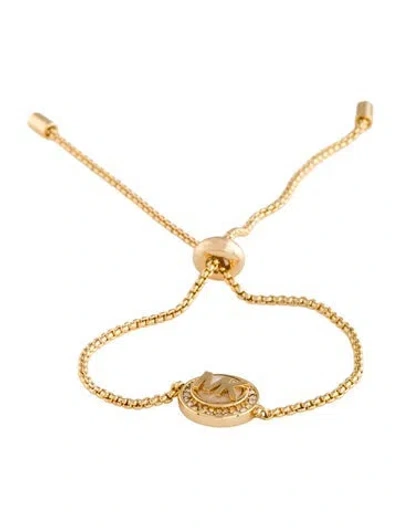 Pre-owned Michael Kors Mother Of Pearl & Crystal Logo Slider Station Bracelet, 8.25" In Multi