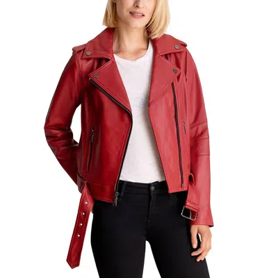 MICHAEL KORS MOTO BELTED ZIP UP LEATHER JACKET IN SCARLET