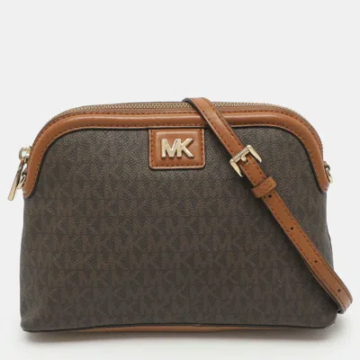 Pre-owned Michael Kors Mott Brown Coated Canvas And Leather Shoulder Bag