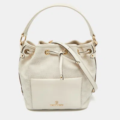 Pre-owned Michael Kors Natural Logo Jacquard Canvas Medium Maeve Bucket Bag In White