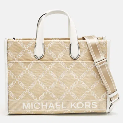 Pre-owned Michael Kors Natural/optic White Logo Jacquard Raffia Large Gigi Tote