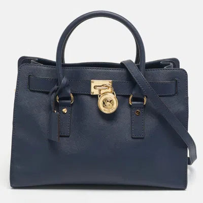 Pre-owned Michael Kors Navy Blue Leather East/west Hamilton Tote