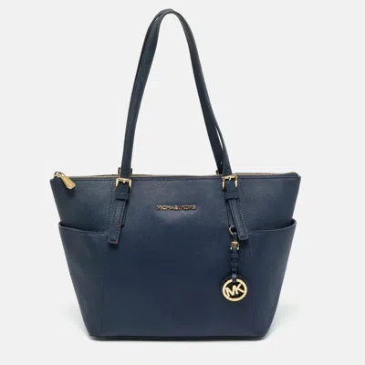 Pre-owned Michael Kors Navy Blue Leather Jet Set E/w Top Zip Tote