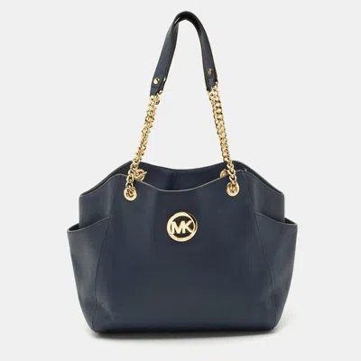 Pre-owned Michael Kors Navy Blue Leather Jet Set Travel Chain Tote