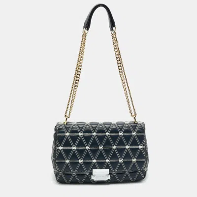Pre-owned Michael Kors Navy Blue Quilted Leather Large Sloan Logo Studded Shoulder Bag