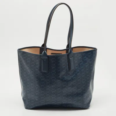 Pre-owned Michael Kors Navy Blue Signature Coated Canvas And Leather Large Jodie Tote