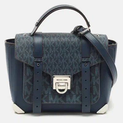 Pre-owned Michael Kors Navy Blue Signature Coated Canvas Medium Manhattan Top Handle Bag