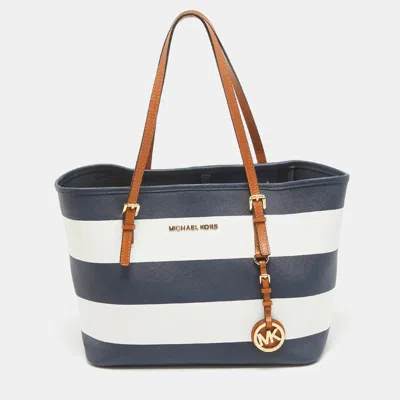 Pre-owned Michael Kors Navy Blue/white Leather Stripe Jet Set Travel Tote