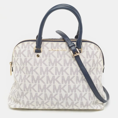 Pre-owned Michael Kors Navy Blue/white Signature Coated Canvas And Leather Large Cindy Dome Bag