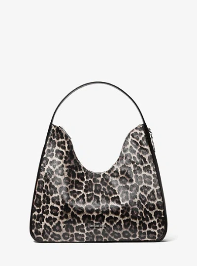 Michael Kors Nayla Medium Leopard Print Calf Hair Hobo Shoulder Bag In Black