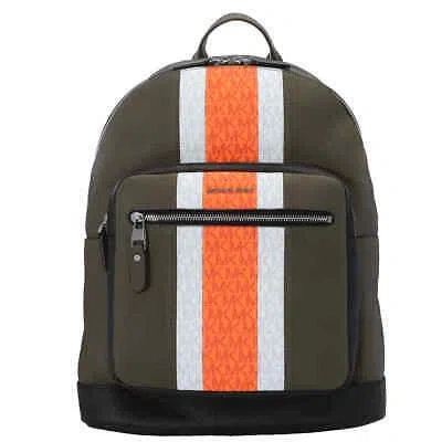 Pre-owned Michael Kors Neon Orange Men's Hudson Pebbled Leather And Logo Stripe Backpack