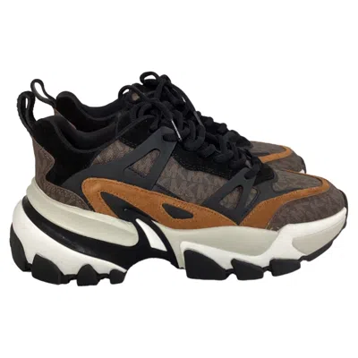 Michael Kors Nick Logo Trainer In Luggage Brown Suede And Canvas