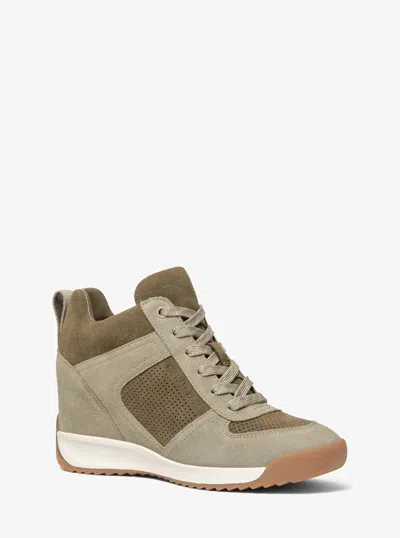 Michael Kors Nikko S2 Perforated Suede Wedge Trainer In Green