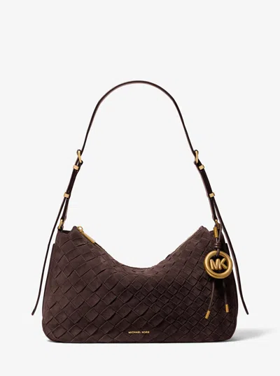 Michael Kors Nolita Medium Hand-woven Suede Shoulder Bag In Brown