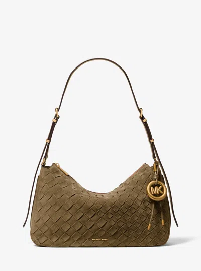 Michael Kors Nolita Medium Hand-woven Suede Shoulder Bag In Brown