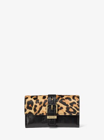 Michael Kors Nolita Medium Leopard Print Calf Hair And Leather Tri-fold Wallet In Gold