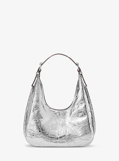 Michael Kors Nolita Small Metallic Crackled Leather Hobo Shoulder Bag In Silver