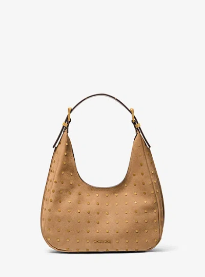 Michael Kors Nolita Small Studded Pebbled Nubuck Hobo Shoulder Bag In Gold