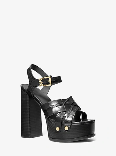 Michael Kors Nora Crocodile Embossed Leather Platform Sandal In Black