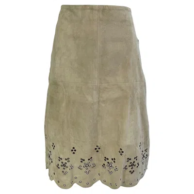 Pre-owned Michael Kors Nwt Vintage  2000s Size 6 Suede Grommet Scalloped Hem Skirt Khaki In Brown