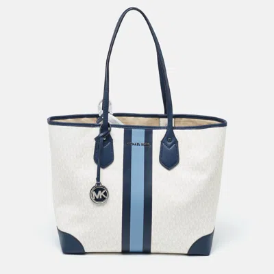 Michael Kors Off Signature Coated Canvas And Leather Large Logo Stripe Eva Tote In White