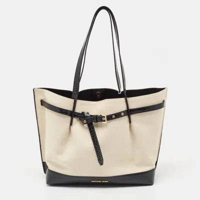 Pre-owned Michael Kors Off-white Canvas And Croc Embossed Leather Large Emilia Tote