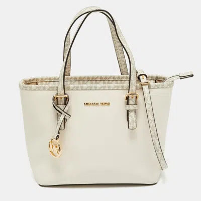 Pre-owned Michael Kors Off White Saffiano Leather Extra-small Jet Set Travel Tote
