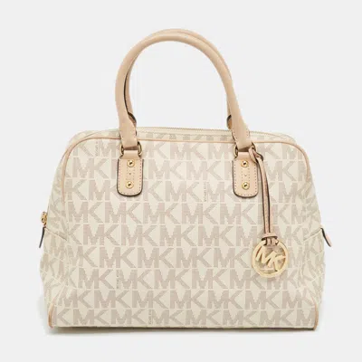 Pre-owned Michael Kors Off White Signature Coated Canvas And Leather Charm Satchel