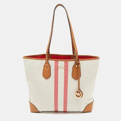 Pre-owned Michael Kors Off White/brown Signature Canvas Striped Large Eva Tote