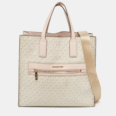 Pre-owned Michael Kors Off White/pink Signature Coated Canvas Large Kenly Tote