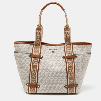 Michael Kors Off/tan Signature Coated Canvas And Leather Large Maeve Shopper Tote In White