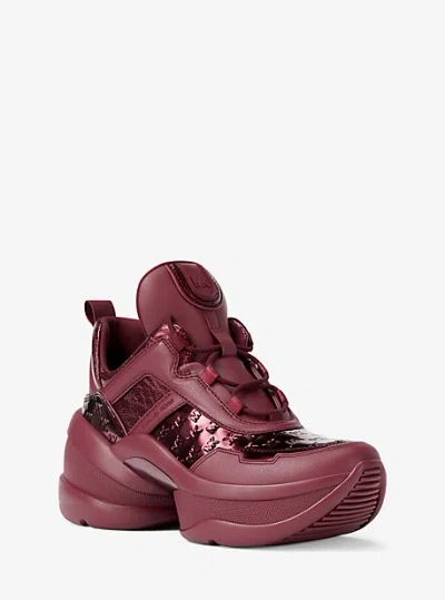 Michael Kors Olympia Mixed-media Trainer In Burgundy