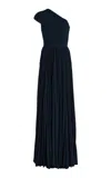 Michael Kors One-shoulder Pleated Georgette Gown In Blue