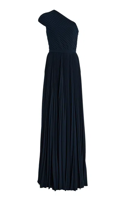 Michael Kors One-shoulder Pleated Georgette Gown In Blue