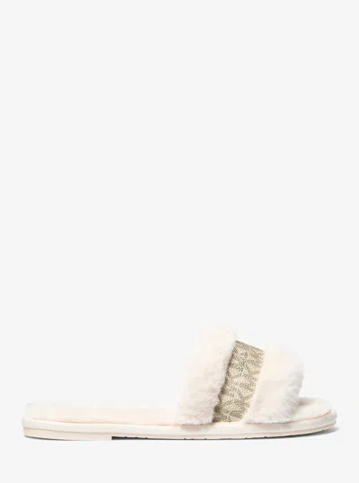 Michael Kors Outlet Alexis Faux Fur And Metallic Signature Logo Slide Sandal In White