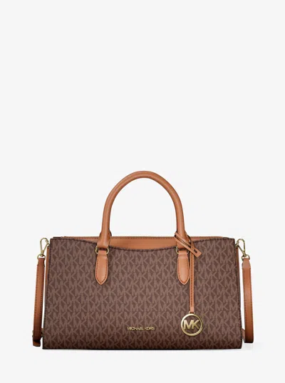 Michael Kors Outlet Arden Medium Signature Logo Top-zip Satchel In Brown