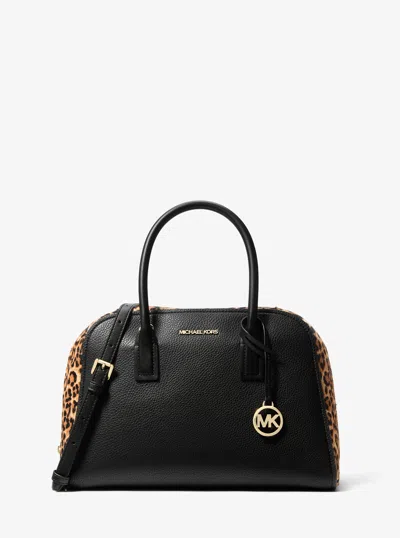 Michael Kors Outlet Ashton Medium Leopard Print Calf Hair And Smooth Satchel In Brown